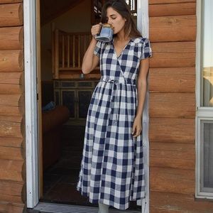 Christy Dawn Navy White Plaid Linen Dress